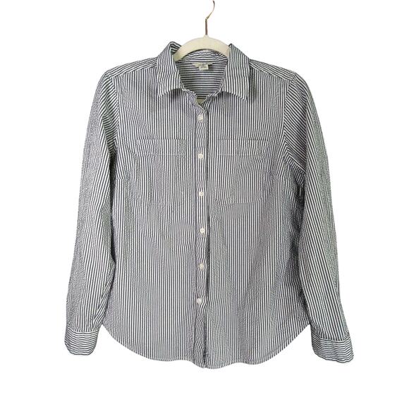 LL Bean Shirt Womens S Black White Stripe Seersucker Button Up - Picture 1 of 5